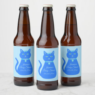 Cute Blue Baby Cat Custom Baby shower Bier Etiket