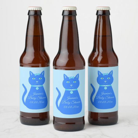 Cute Blue Baby Cat Custom Baby shower Bier Etiket (Flessen)
