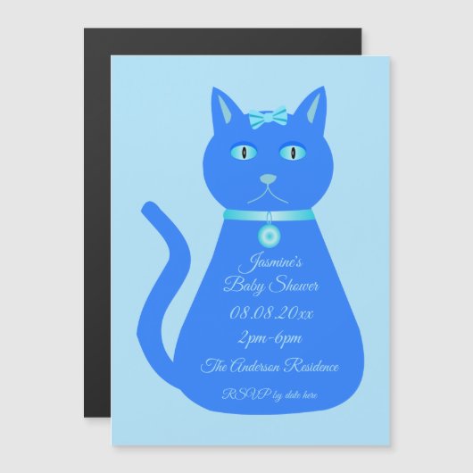 Cute Blue Baby Cat Custom Baby shower Magnetische Uitnodiging (Voorkant / Achterkant)