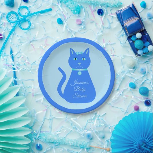 Cute Blue Baby Cat Custom Baby shower Papieren Bordje (Feest)