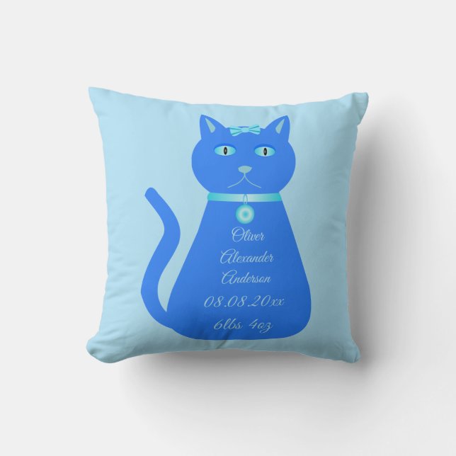 Cute Blue Baby Cat Custom Birth Notice Kussen (Voorkant)