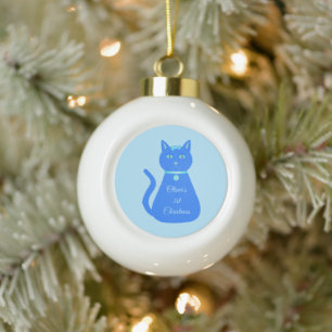 Cute Blue Baby Cat Custom First Kerstmis Keramische Bal Ornament