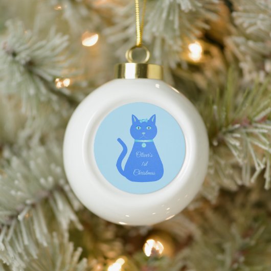 Cute Blue Baby Cat Custom First Kerstmis Keramische Bal Ornament (Boom)