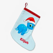 Cute Blue Baby Dinosaur met Santa Hat Kleine Kerstsok (Voorkant (Hangend))