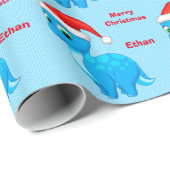 Cute Blue Baby Dinosour met Santa Hat Cadeaupapier (Rol Hoek)