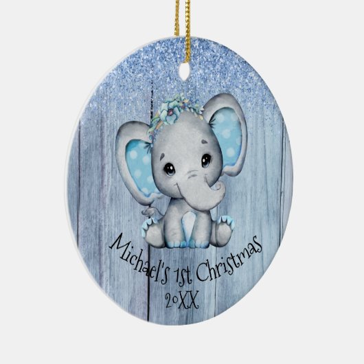 Cute Blue Baby Elephant 1e Kerstmis Keramisch Ornament (Rechts)