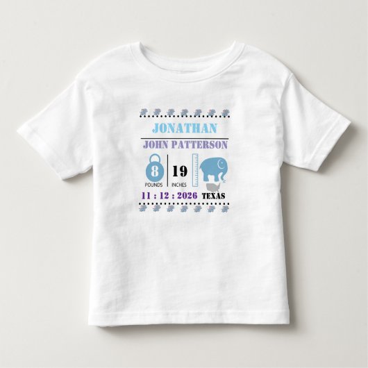 Cute Blue Baby Elephant Birth Announcement Kinder Shirts (Voorkant)