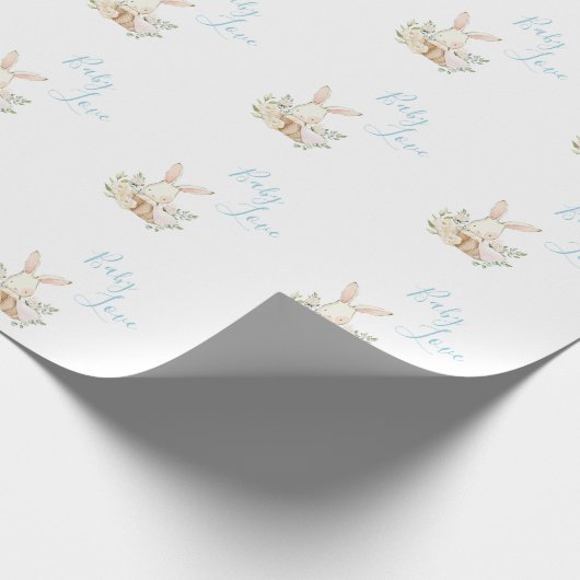 Cute Blue Baby Love Script Bunny Rabbit Shower Cadeaupapier (Hoek)