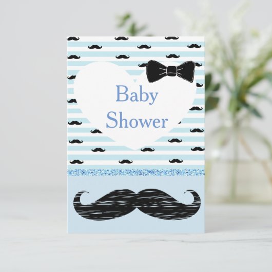 Cute Blue Baby Mustache Baby shower Invitation Kaart (Staand voorkant)