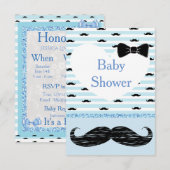 Cute Blue Baby Mustache Baby shower Invitation Kaart (Voorkant / Achterkant)