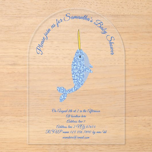 Cute Blue Baby Narwhal Custom Baby shower Acryl Uitnodigingen (Voorkant)