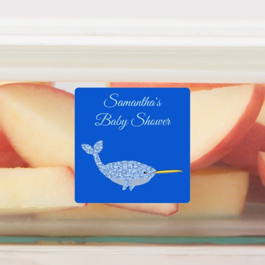 Cute Blue Baby Narwhal Custom Baby shower Labels (Aangebracht)