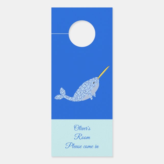 Cute Blue Baby Narwhal Custom Name Nursery Deurhanger (Voorkant)