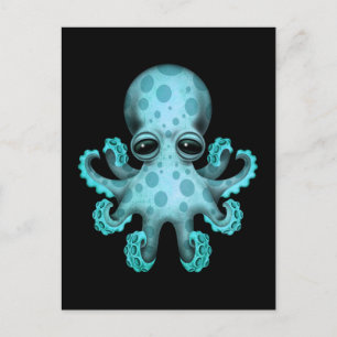 Cute Blue Baby octopus op zwart Briefkaart