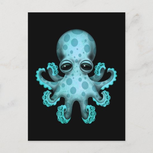 Cute Blue Baby octopus op zwart Briefkaart (Voorkant)