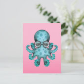 Cute Blue Baby Octopus Wearing Glassen op Roze Briefkaart (Staand voorkant)