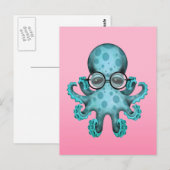 Cute Blue Baby Octopus Wearing Glassen op Roze Briefkaart (Voorkant / Achterkant)