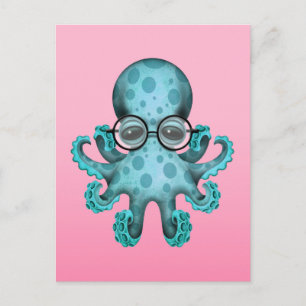 Cute Blue Baby Octopus Wearing Glassen op Roze Briefkaart