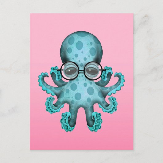 Cute Blue Baby Octopus Wearing Glassen op Roze Briefkaart (Voorkant)