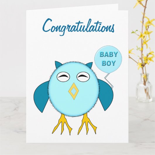 Cute Blue Baby Owl Custom Kaart (Gele Bloem)