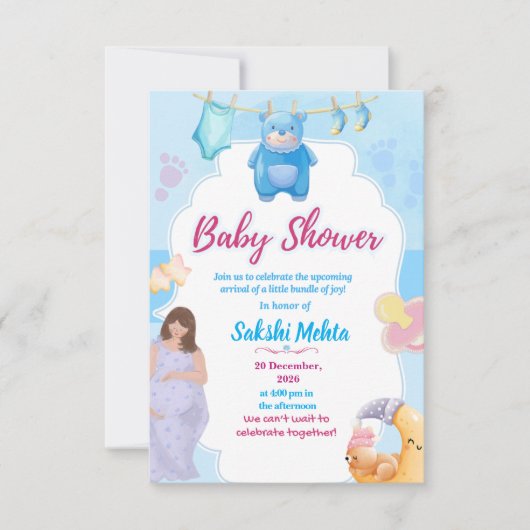 Cute Blue Baby Shower Invitation Bedankkaart (Voorkant)