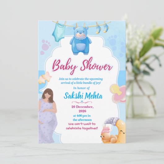 Cute Blue Baby Shower Invitation Bedankkaart (Staand voorkant)