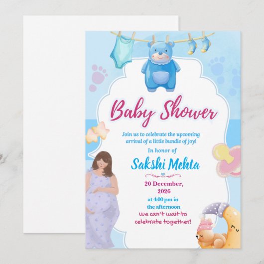 Cute Blue Baby Shower Invitation Bedankkaart (Voorkant / Achterkant)