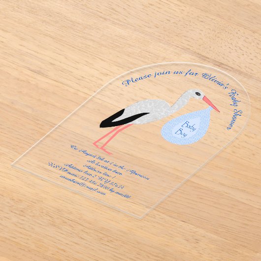 Cute Blue Baby Stork Baby shower Custom Acryl Uitnodigingen (Laagn)