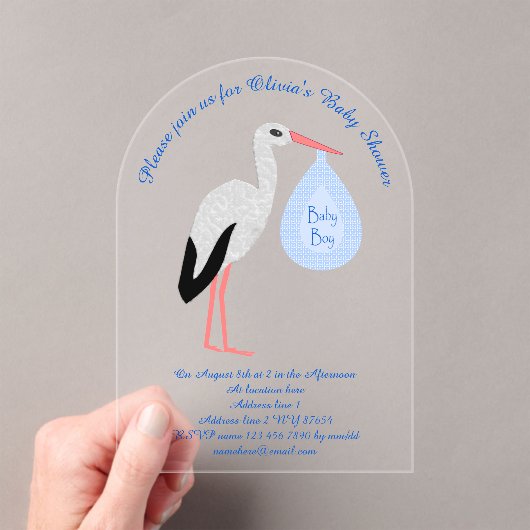 Cute Blue Baby Stork Baby shower Custom Acryl Uitnodigingen (Insitu (Draagbaar))