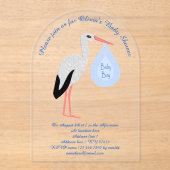 Cute Blue Baby Stork Baby shower Custom Acryl Uitnodigingen (Voorkant)
