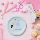 Cute Blue Baby Stork Baby shower Custom Papieren Bordje (Feest)
