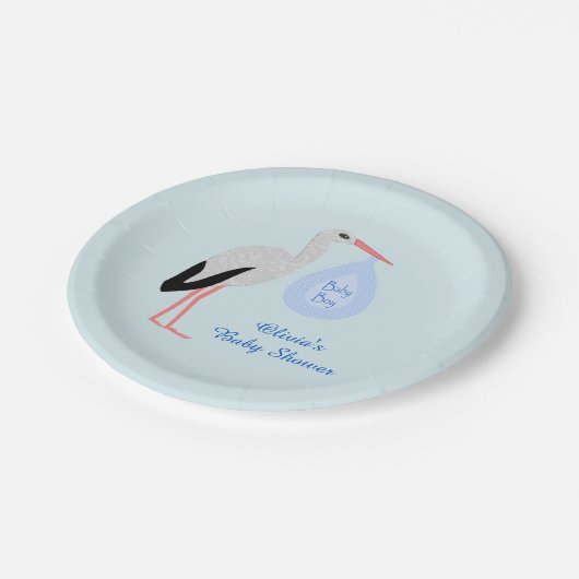 Cute Blue Baby Stork Baby shower Custom Papieren Bordje (Gekanteld)