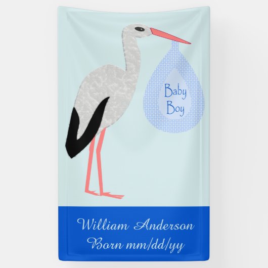 Cute Blue Baby Stork Birth Notice Spandoek (Verticaal)