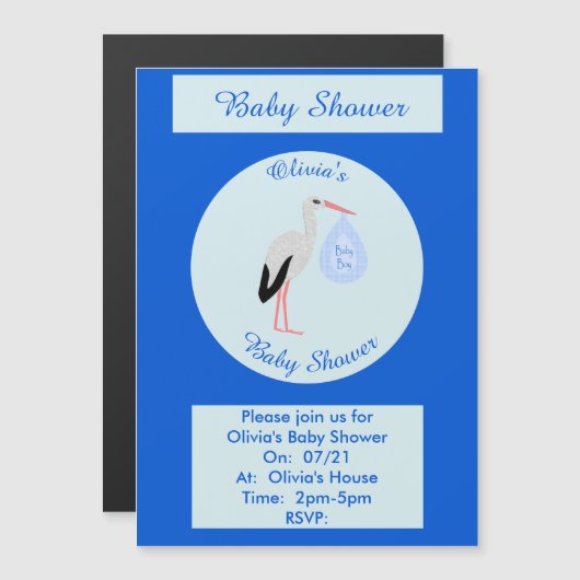 Cute Blue Baby Stork Custom Baby shower Magnetische Uitnodiging (Voorkant / Achterkant)