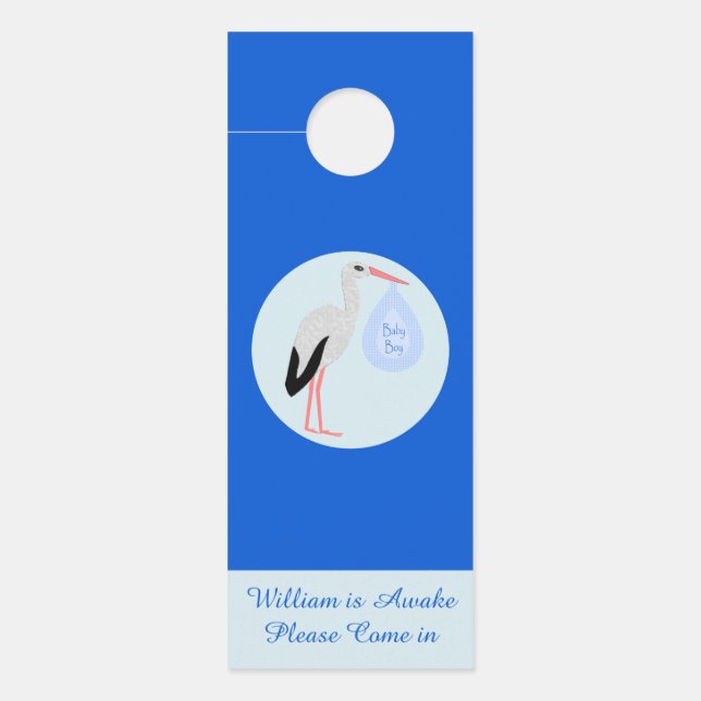 Cute Blue Baby Stork Custom Nursery Deurhanger (Voorkant)