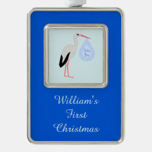 Cute Blue Baby Stork Stork First Kerstmis Verzilverd Omlijst Ornament