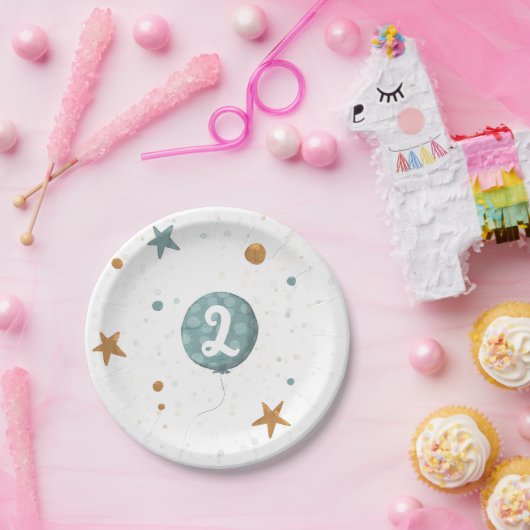 Cute Blue Ballon Jongen 2e Verjaardagsfeestje Papieren Bordje (Feest)