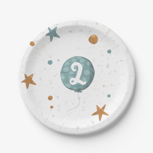 Cute Blue Ballon Jongen 2e Verjaardagsfeestje Papieren Bordje (Voorkant)