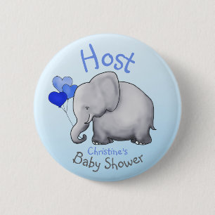 Cute Blue Balloons Elephant Baby shower Host Ronde Button 5,7 Cm