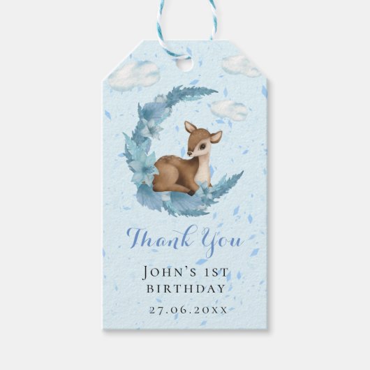 Cute Blue Bambi wolds stof Birthday Dank je Cadeaulabel (Voorkant)