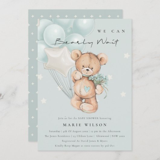 Cute Blue Barly Wait Balloon Baby shower Uitnodige Bedankkaart (Voorkant / Achterkant)