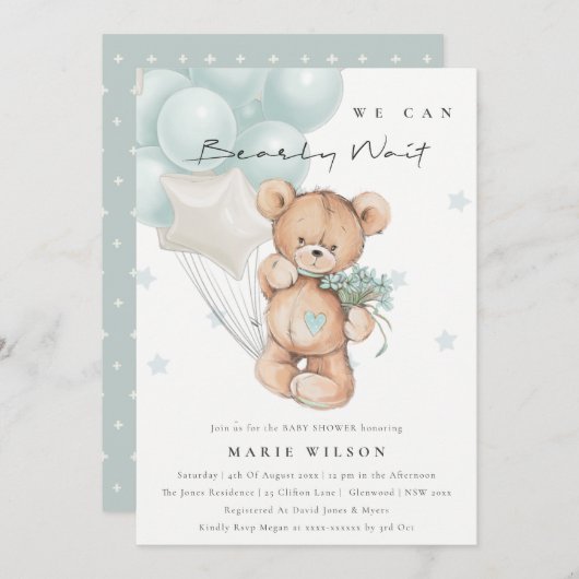 Cute Blue Barly Wait Balloon Baby shower Uitnodige Bedankkaart (Voorkant / Achterkant)