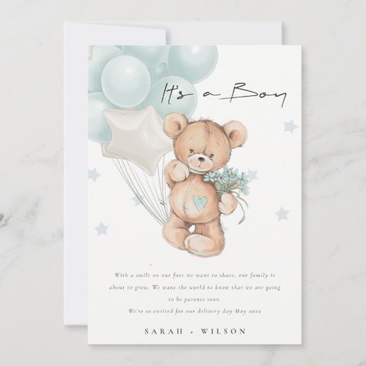 Cute Blue Beer Ballon Baby Aankondiging Kaart (Voorkant)