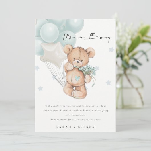 Cute Blue Beer Ballon Baby Aankondiging Kaart (Staand voorkant)