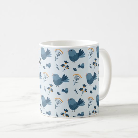 Cute Blue Bird and Berries illustrated Pattern Koffiemok (Voorkant rechts)