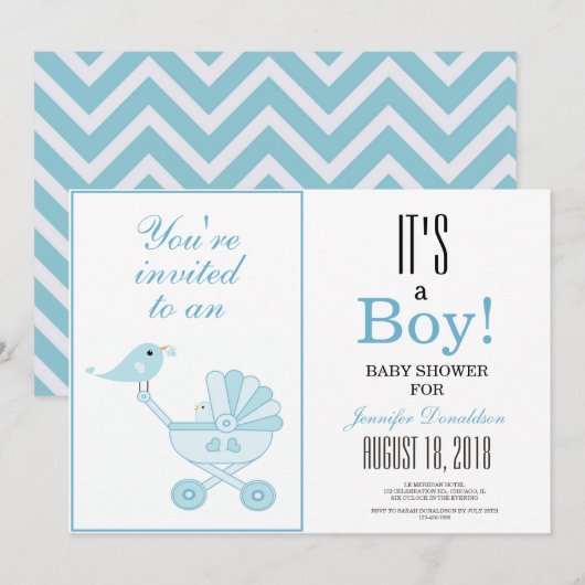 Cute Blue Bird Baby Carriage Chevron Baby shower Kaart (Voorkant / Achterkant)