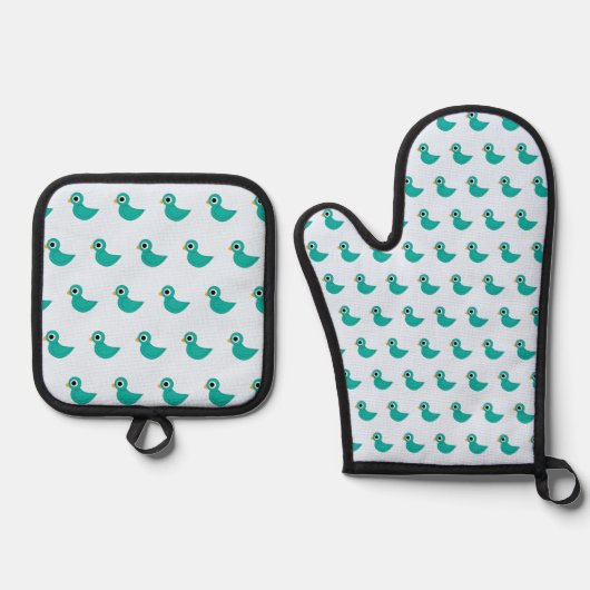 Cute blue bird ovenwant & pannenlap set (Voorkant)