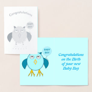 Cute Blue Birthday Boy Owl Folie Kaart