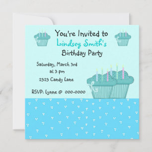 Cute Blue Birthday Cupcakes Invitation Kaart