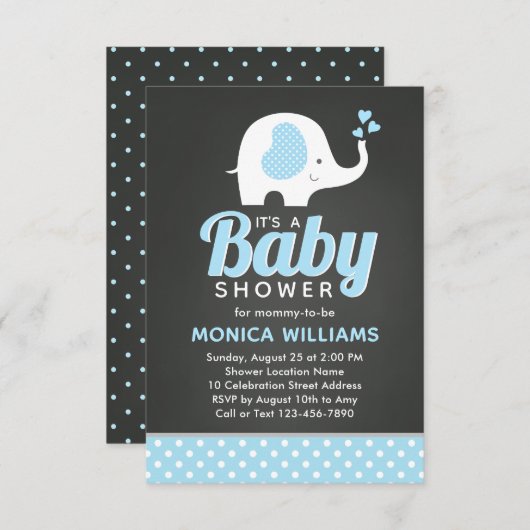 Cute Blue Black Chalkboard Elephant Baby shower Kaart (Voorkant / Achterkant)